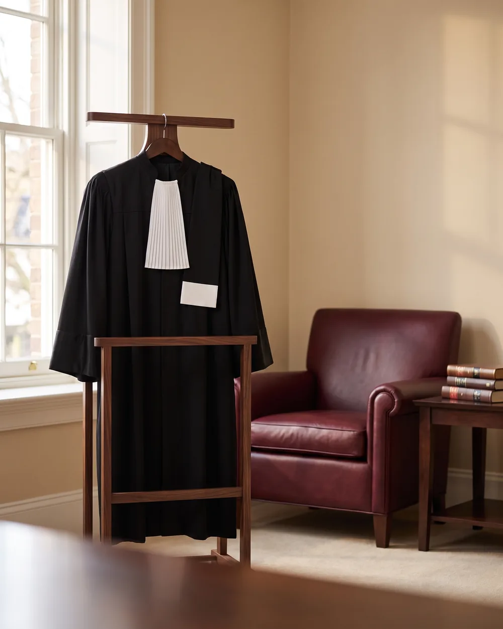 Roba de avocat pe un suport de lemn, intr-un birou luminos